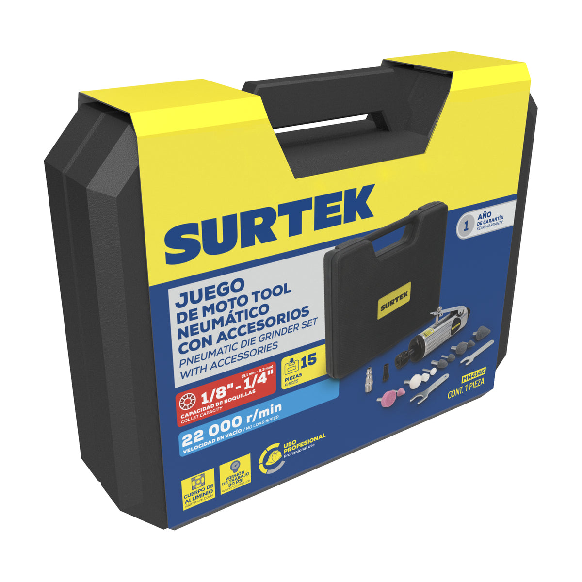 JUEGO DE MOTO-TOOL NEUMÁTICO RECTO CON ACCESORIOS, 15 PIEZAS SURTEK