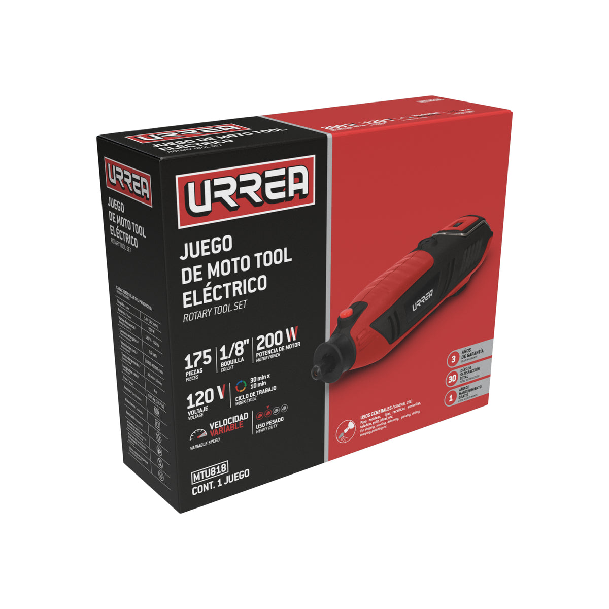 JUEGO DE MOTO TOOL ELÉCTRICO 1/8" 200 W, 175 PIEZAS URREA MTU818