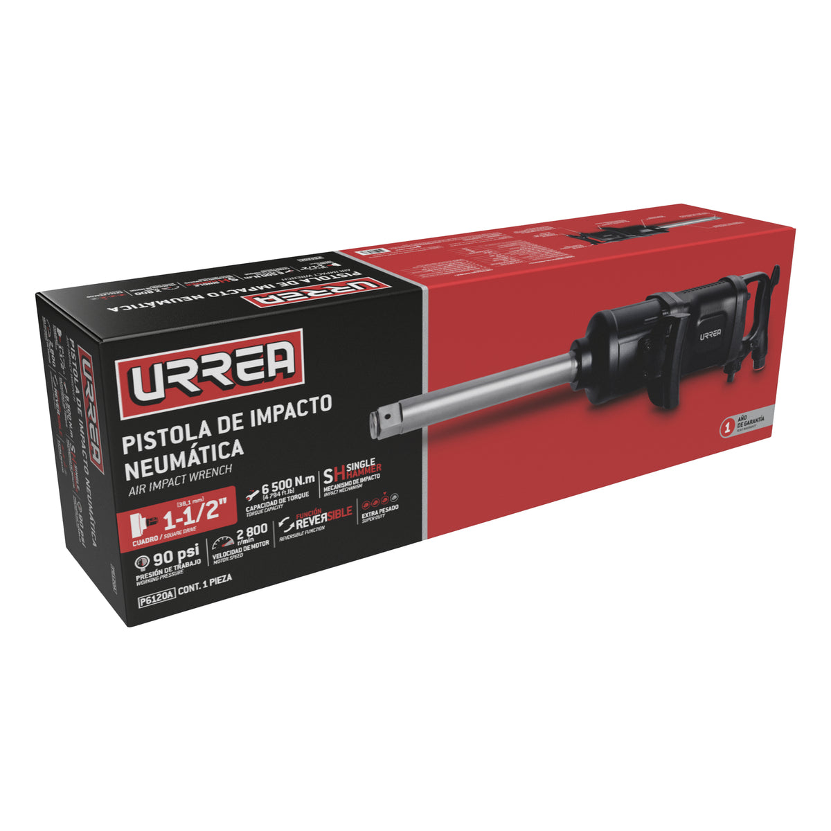 PISTOLA DE IMPACTO NEUMÁTICA CUADRO DE 1-1/2" 4,500 FT-LB CON EXTENSIÓN 9" URREA