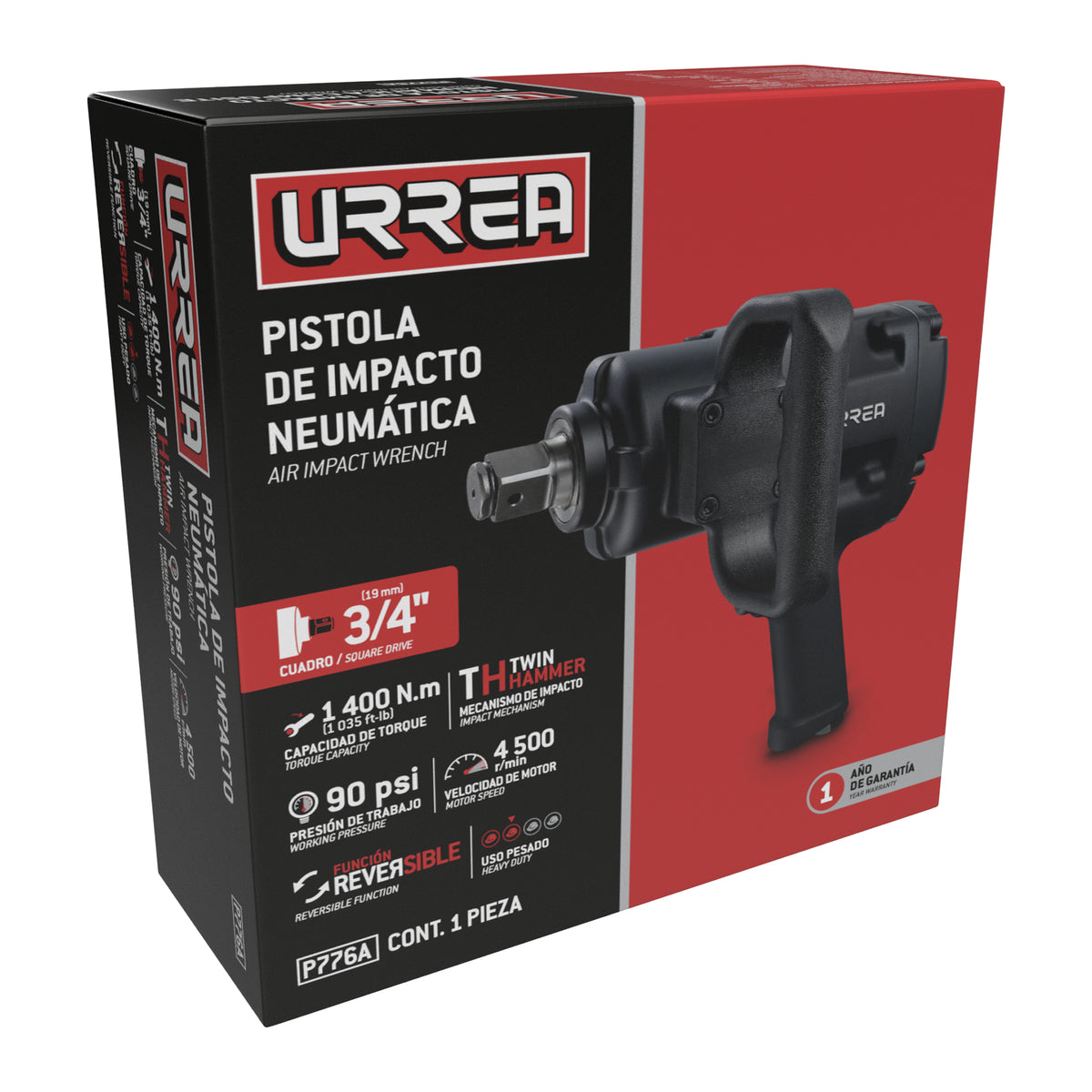 PISTOLA DE IMPACTO NEUMÁTICA CUADRO DE 3/4" 1,035 FT-LB SISTEMA TWIN HAMMER URREA