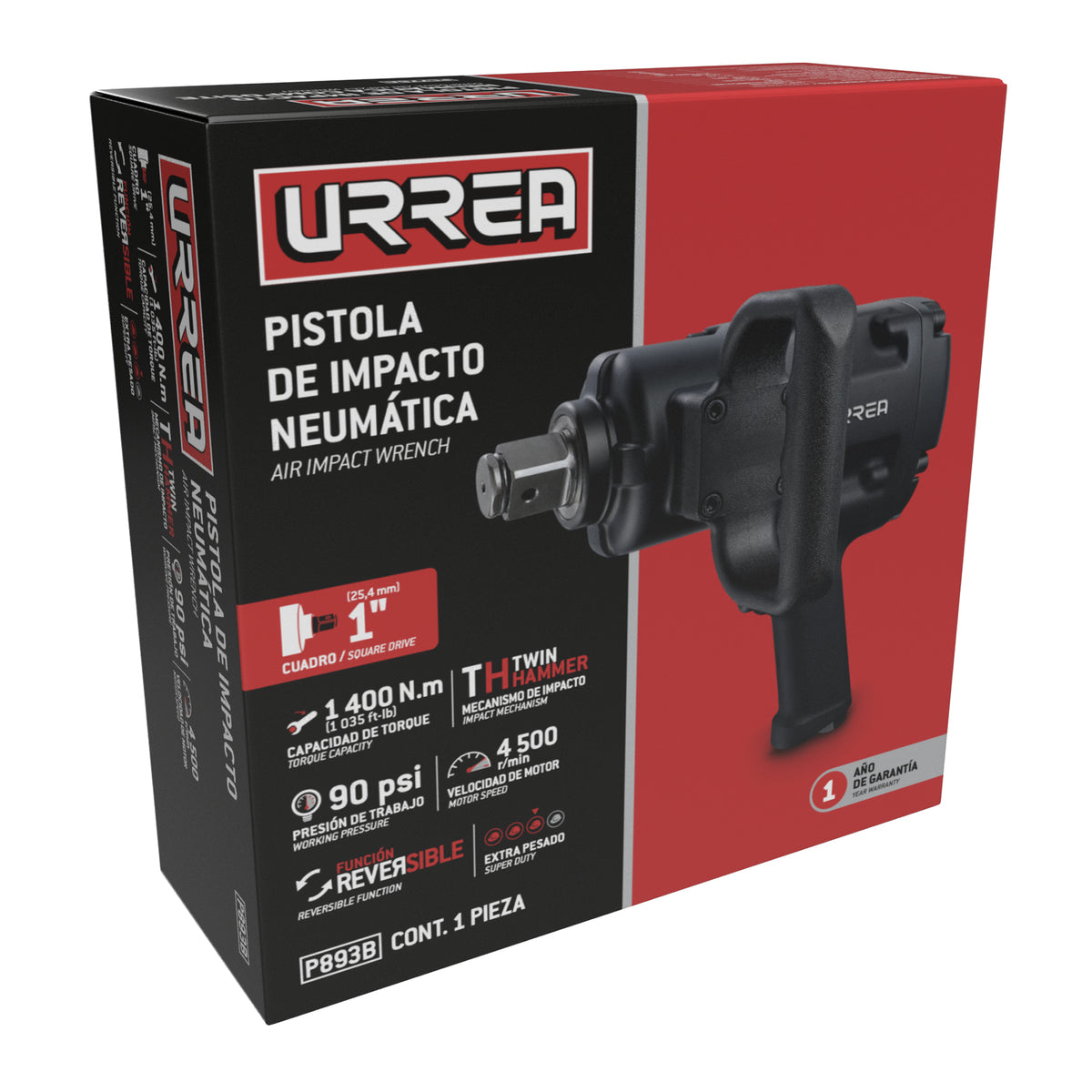 PISTOLA DE IMPACTO NEUMÁTICA CUADRO DE 1" 1,035 FT-LB COMPOSITE SISTEMA TWIN HAMMER URREA