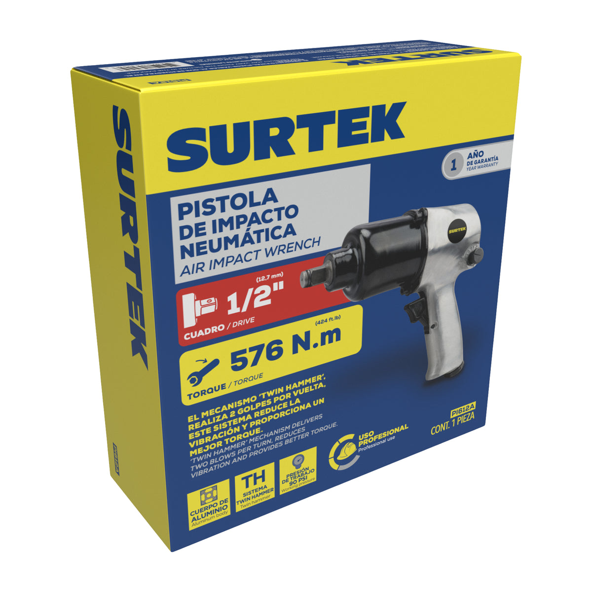 PISTOLA DE IMPACTO NEUMÁTICA CUADRO DE 1/2" 425 FT-LB SISTEMA TWIN HAMMER SURTEK