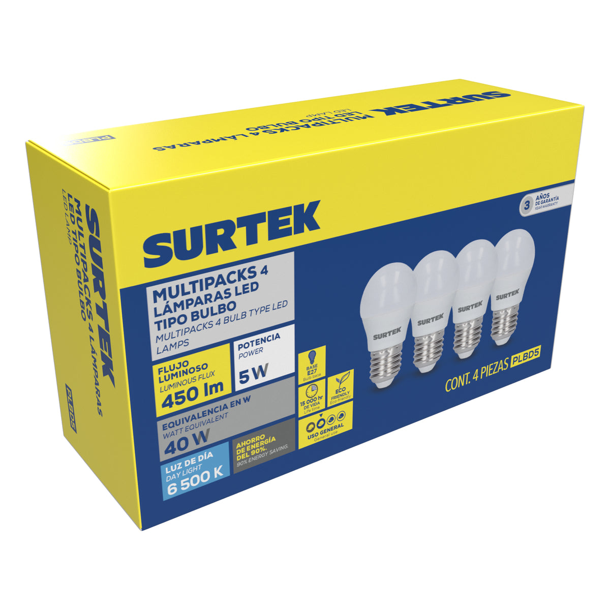 PAQUETE DE 4 LÁMPARAS DE LED TIPO BULBO A19, 5 W LUZ DE DÍA SURTEK