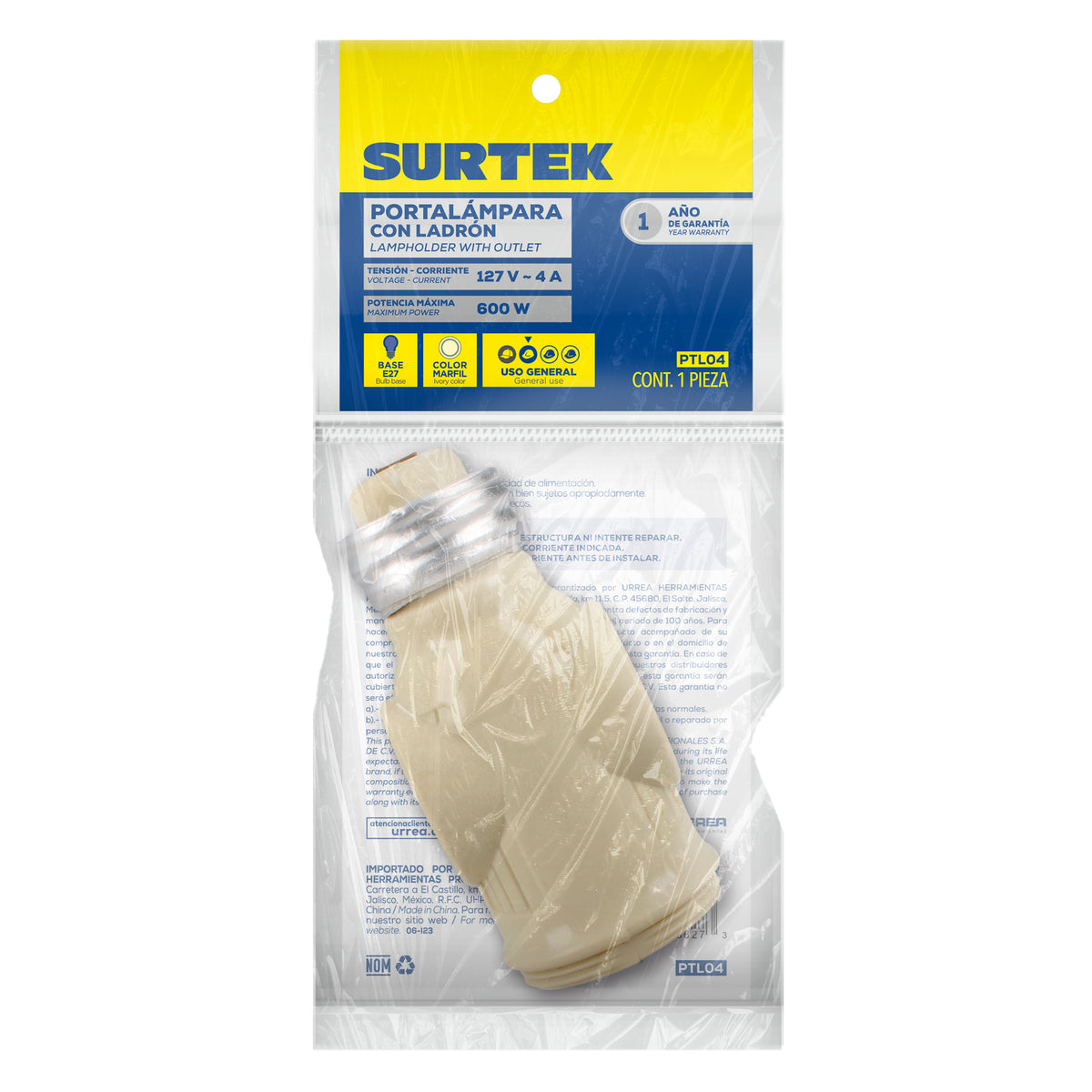 PORTALÁMPARA CON LADRÓN, COLOR MARFIL SURTEK