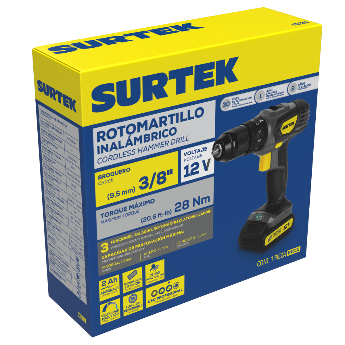 ROTOMARTILLO DE IMP 3/8" A BATERÍA LITIO-ION 12 V 28 NM SURTEK