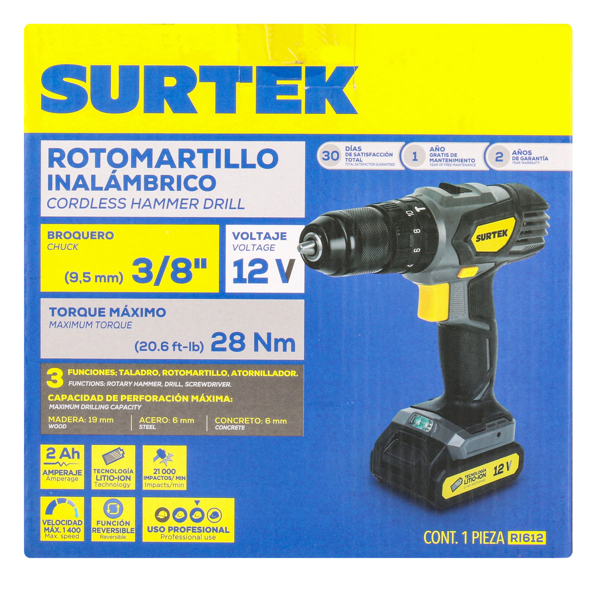 TALADRO/ATORNILLADOR 3/8" BATERÍA DE LI-ION 12 V 28 NM SURTEK
