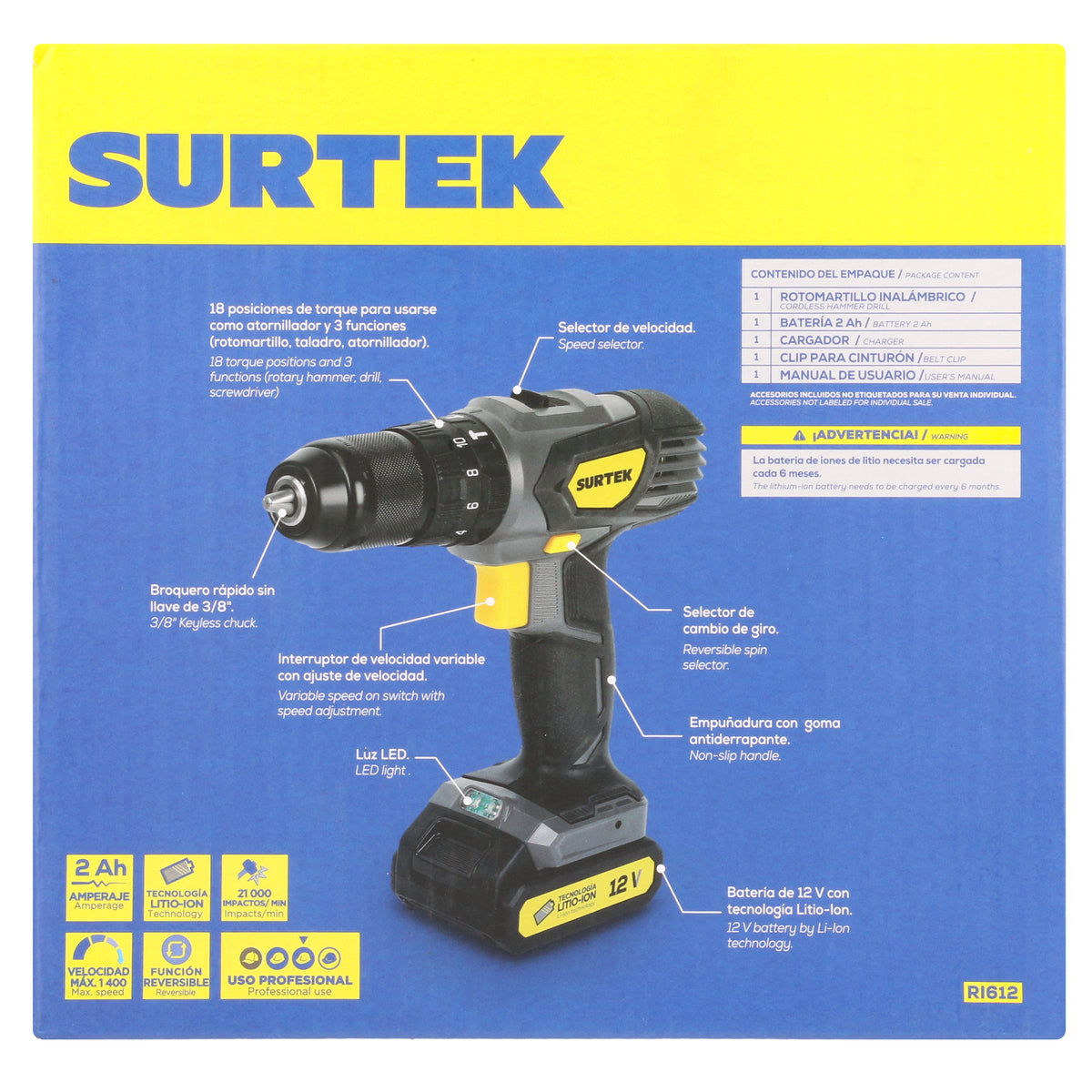 TALADRO/ATORNILLADOR 3/8" BATERÍA DE LI-ION 12 V 28 NM SURTEK