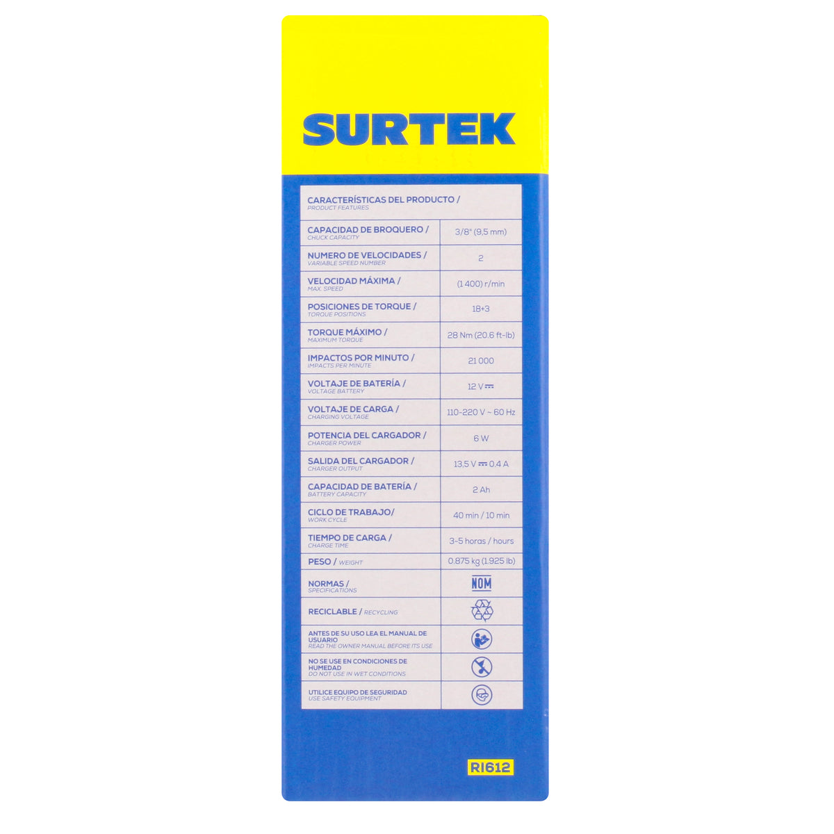 TALADRO/ATORNILLADOR 3/8" BATERÍA DE LI-ION 12 V 28 NM SURTEK