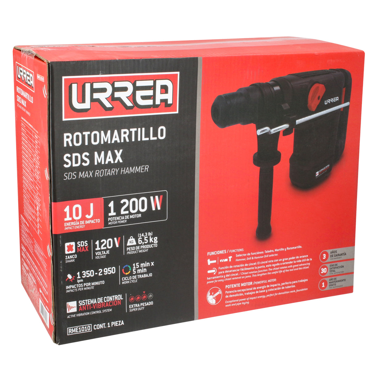 ROTOMARTILLO ELECTRONEUMÁTICO SDS MAX 1200W, 120V, 10J, 325 - 514 RPM URREA