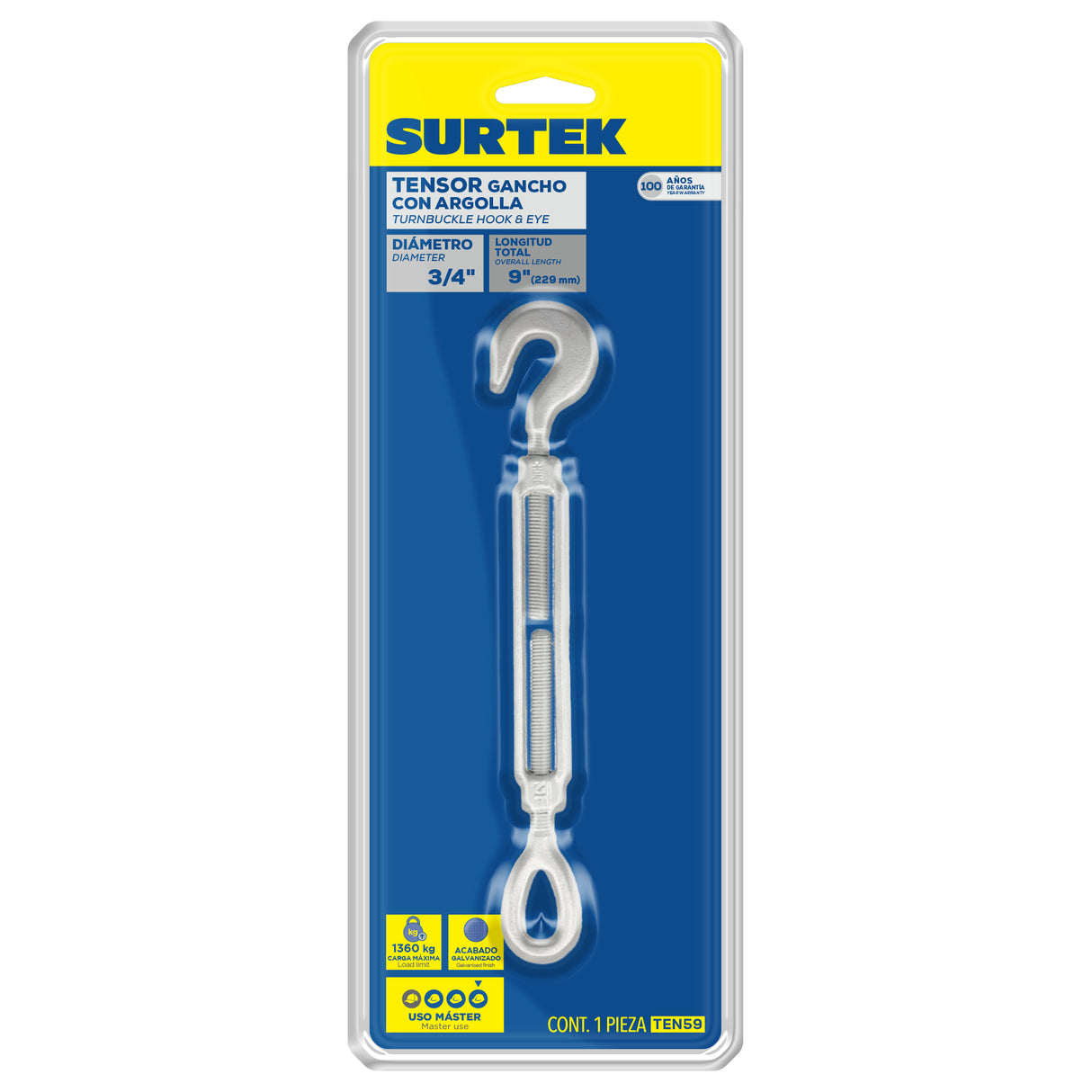 TENSOR DE ACERO FORJADO GANCHO - ARGOLLA 3/4" X 9" SURTEK TEN59
