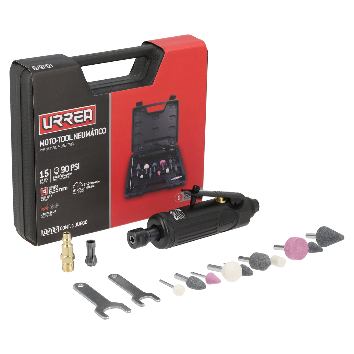 JUEGO DE MOTO-TOOL NEUMÁTICO RECTO CON ACCESORIOS, 15 PIEZAS URREA