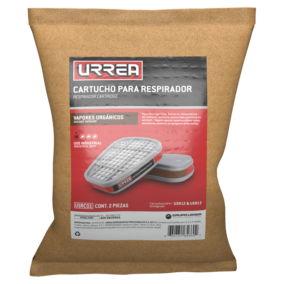 CARTUCHO PARA RESPIRADOR CON PROTECCIÓN PARA VAPORES ORGÁNICOS Y SOLVENTES URREA USRC01