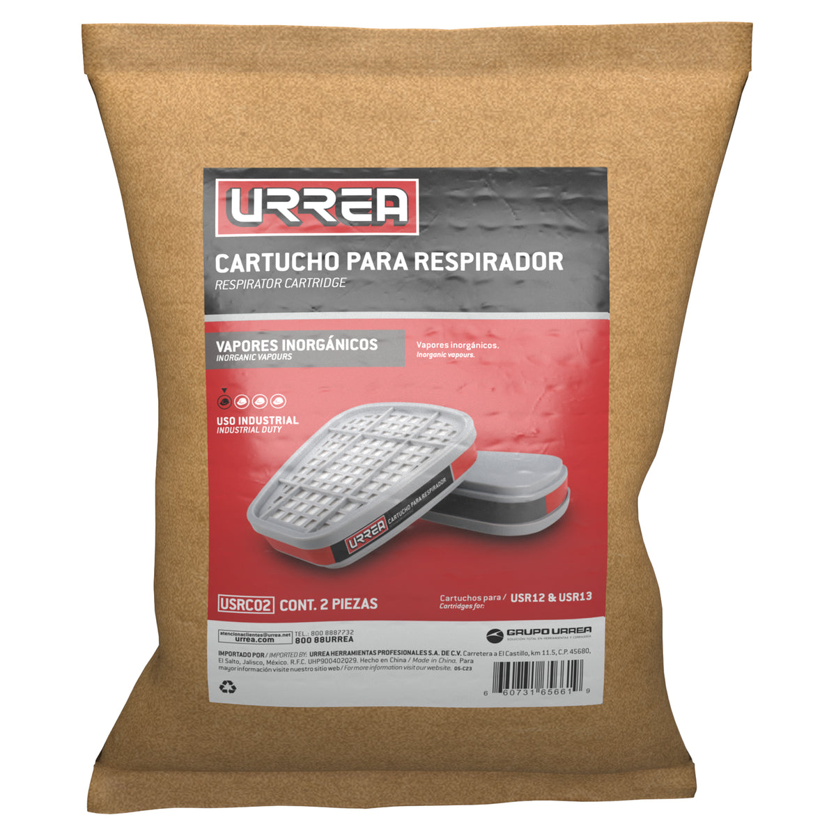 CARTUCHO PARA RESPIRADOR CON PROTECCIÓN PARA VAPORES INORGÁNICOS URREA USRC02