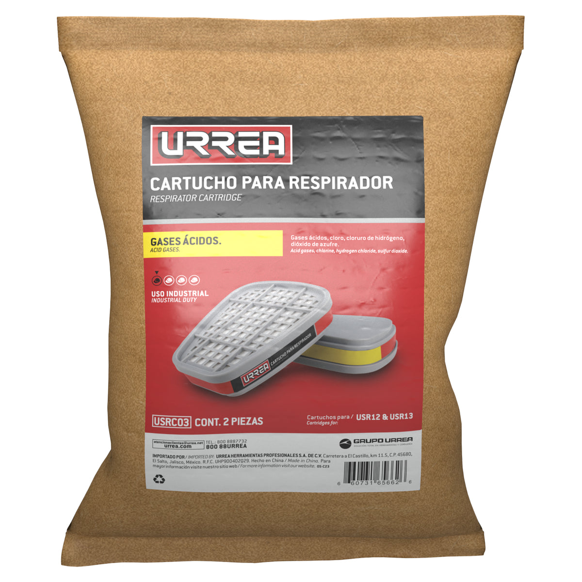 CARTUCHO PARA RESPIRADOR CON PROTECCIÓN PARA GASES ÁCIDOS URREA USRC03