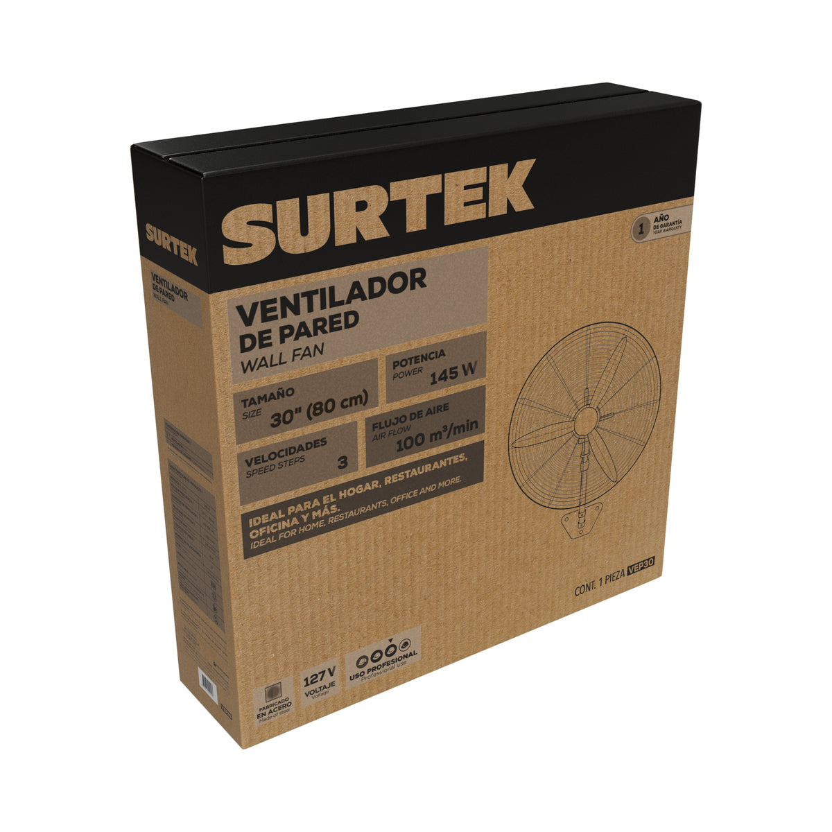 VENTILADOR DE PARED 3 VELOCIDADES, 30" SURTEK VEP30