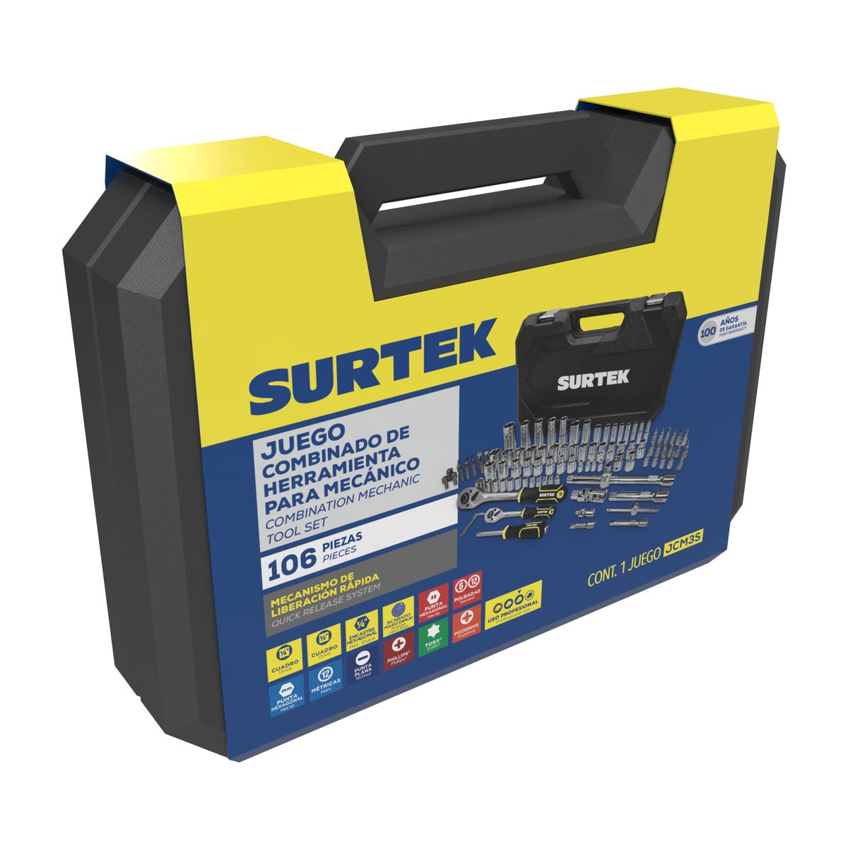 JUEGO COMBINADO DE HERRAMIENTA PARA MECÁNICO 106 PIEZAS, CON MALETÍN PLÁSTICO SURTEK JCM3S - URREA SHOP