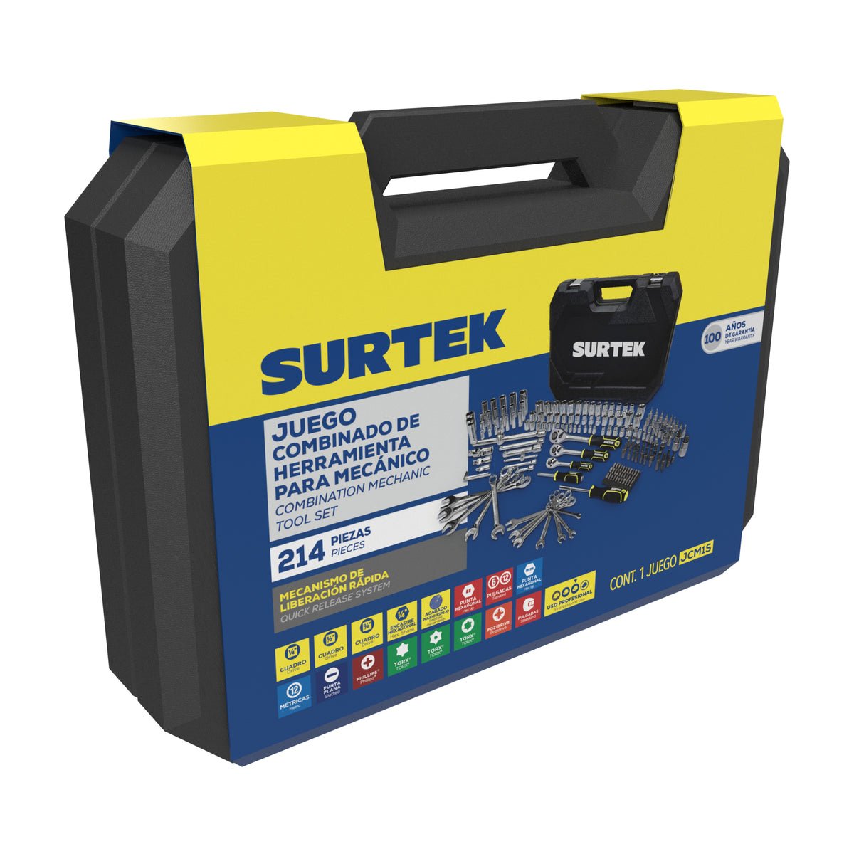 JUEGO COMBINADO DE HERRAMIENTA PARA MECÁNICO 214 PIEZAS, CON MALETÍN PLÁSTICO SURTEK JCM1S - URREA SHOP