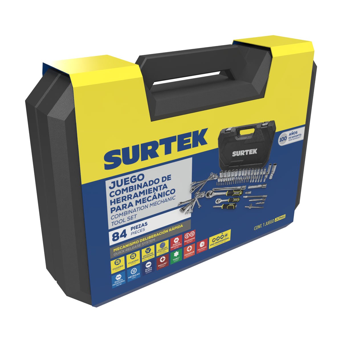 JUEGO COMBINADO DE HERRAMIENTA PARA MECÁNICO 84 PIEZAS, CON MALETÍN PLÁSTICO SURTEK JCM4S - URREA SHOP