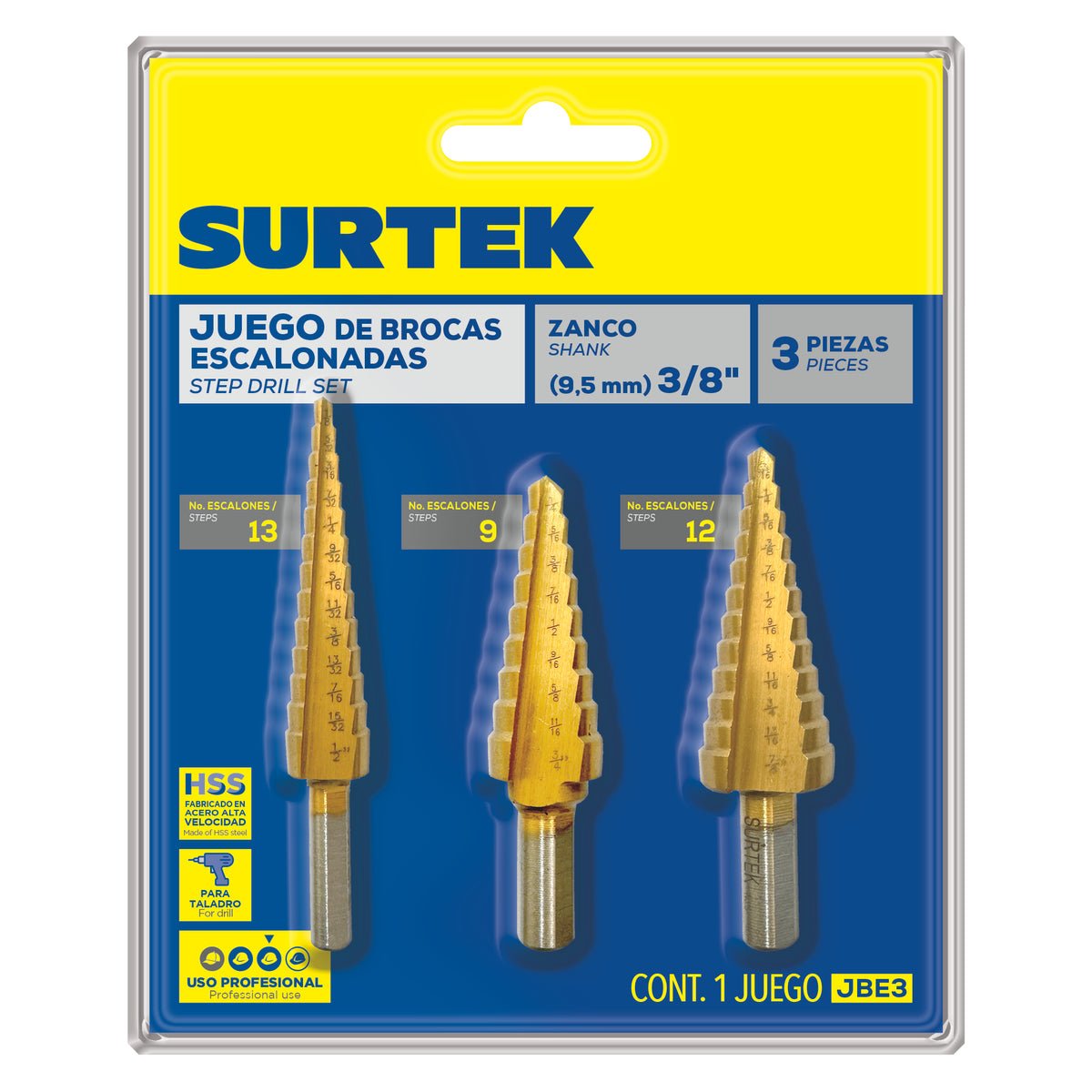 JUEGO DE BROCAS ESCALONADAS CON DOBLE ESTRÍA DE ALTA VELOCIDAD ZANCO 3 PLANOS, 3 PIEZAS SURTEK JBE3 - URREA SHOP