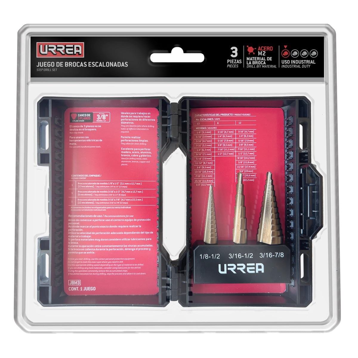 JUEGO DE BROCAS ESCALONADAS CON DOBLE ESTRÍA DE ALTA VELOCIDAD, ZANCO 3 PLANOS, 3 PIEZAS URREA JBM3 - URREA SHOP