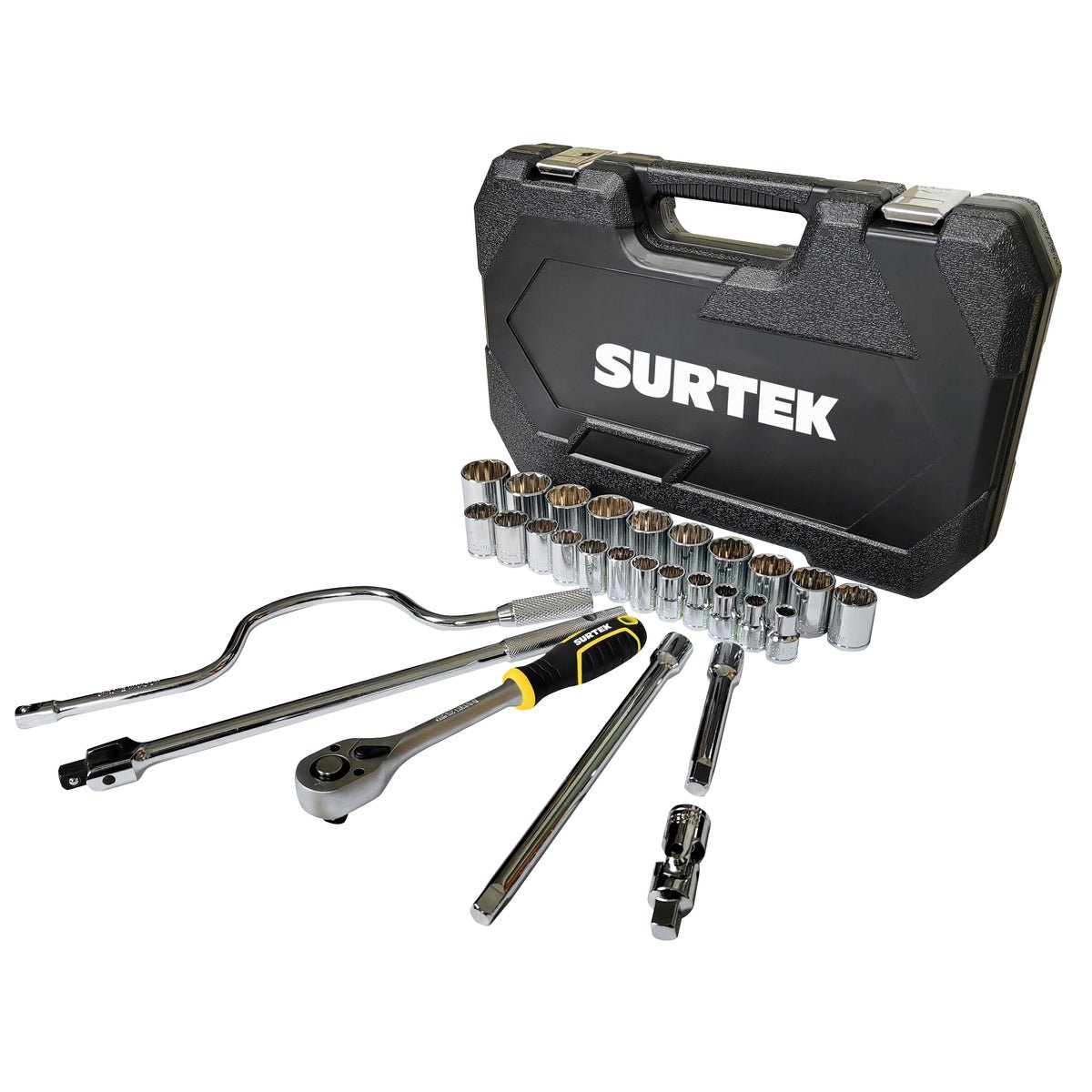 JUEGO DE DADOS Y ACCESORIOS CUADRO DE 1/2" MÉTRICO, 28 PIEZAS SURTEK F58M - URREA SHOP