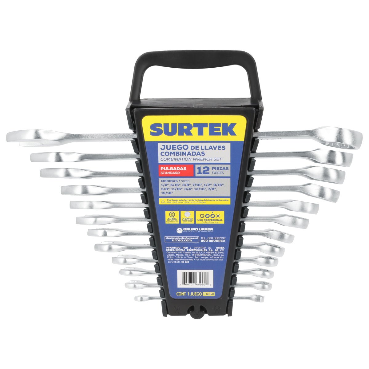 JUEGO DE LLAVES COMBINADAS SATINADAS EN PULGADAS, 12 PUNTAS, 12 PIEZAS EN RACK SURTEK F12SR - URREA SHOP