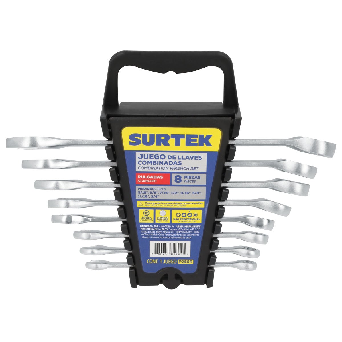 JUEGO DE LLAVES COMBINADAS SATINADAS EN PULGADAS, 12 PUNTAS, 8 PIEZAS EN RACK SURTEK F08SR - URREA SHOP