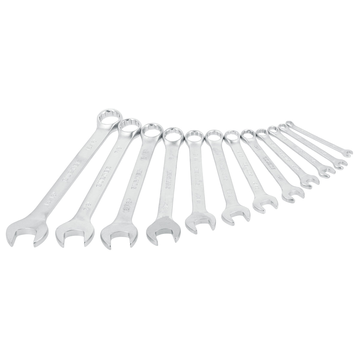 JUEGO DE LLAVES COMBINADAS SATINADAS MÉTRICAS, 12 PUNTAS, 12 PIEZAS EN RACK SURTEK F12MR - URREA SHOP