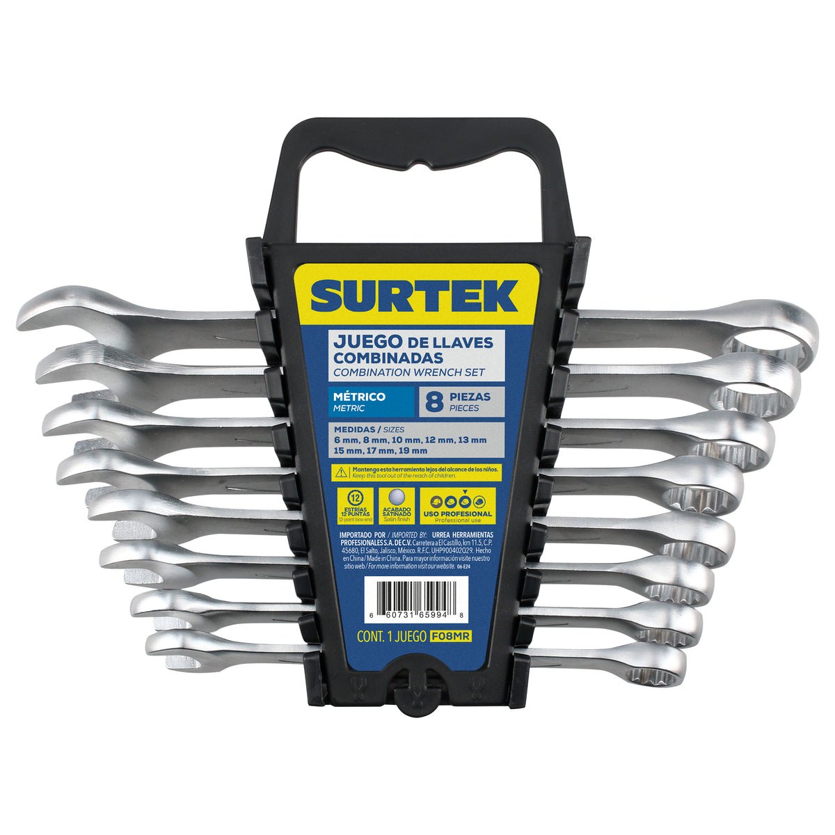 JUEGO DE LLAVES COMBINADAS SATINADAS MÉTRICAS, 12 PUNTAS, 8 PIEZAS EN RACK SURTEK F08MR - URREA SHOP