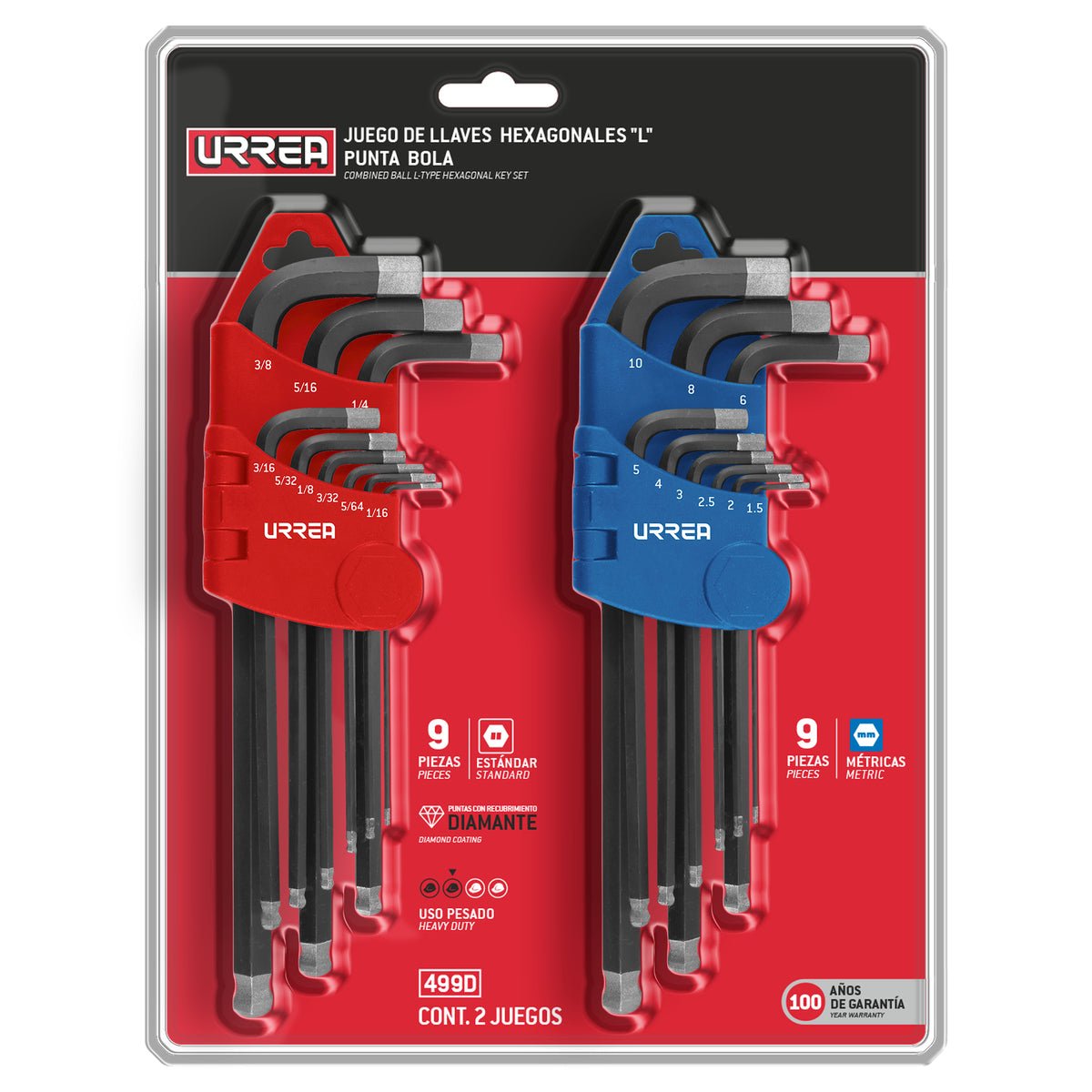JUEGO DE LLAVES HEXAGONALES TIPO "L" PUNTA DE BOLA DIAMANTE, COMBINADAS, 18 PIEZAS URREA 499D - URREA SHOP