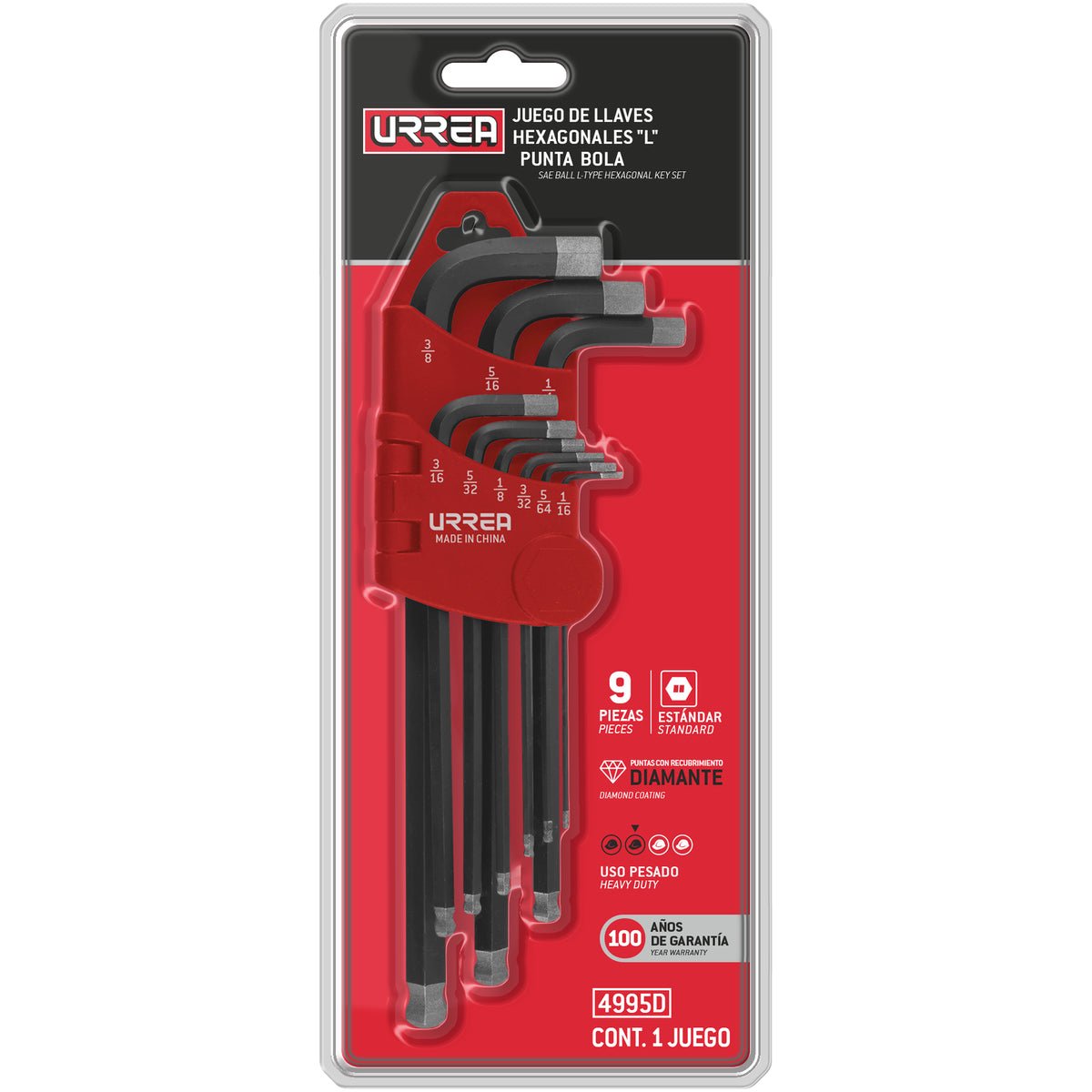 JUEGO DE LLAVES HEXAGONALES TIPO "L" PUNTA DE BOLA DIAMANTE, COMBINADAS, 9 PIEZAS URREA 4995D - URREA SHOP