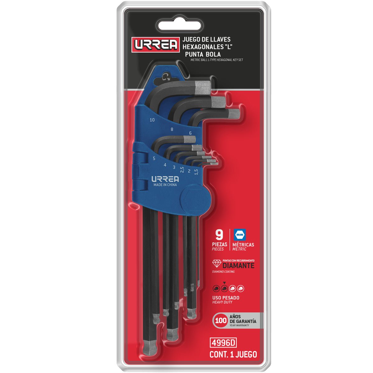 JUEGO DE LLAVES HEXAGONALES TIPO "L" PUNTA DE BOLA DIAMANTE, COMBINADAS, 9 PIEZAS URREA 4996D - URREA SHOP