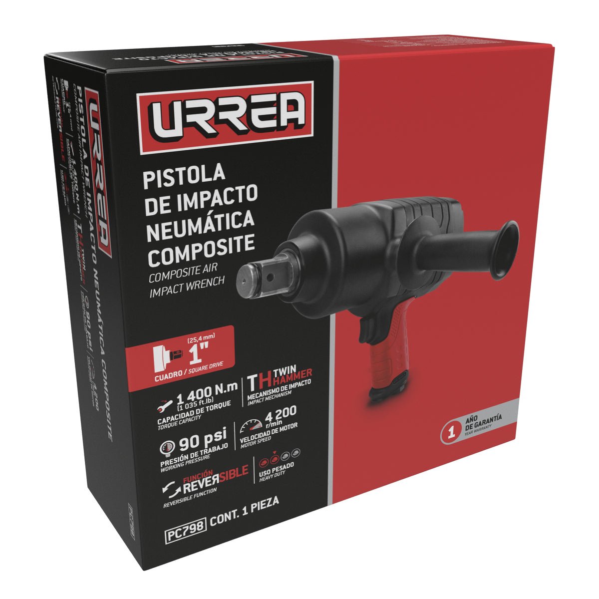 PISTOLA DE IMPACTO NEUMÁTICA CUADRO DE 1" 1,035 FT - LB COMPOSITE SISTEMA TWIN HAMMER URREA PC798 - URREA SHOP