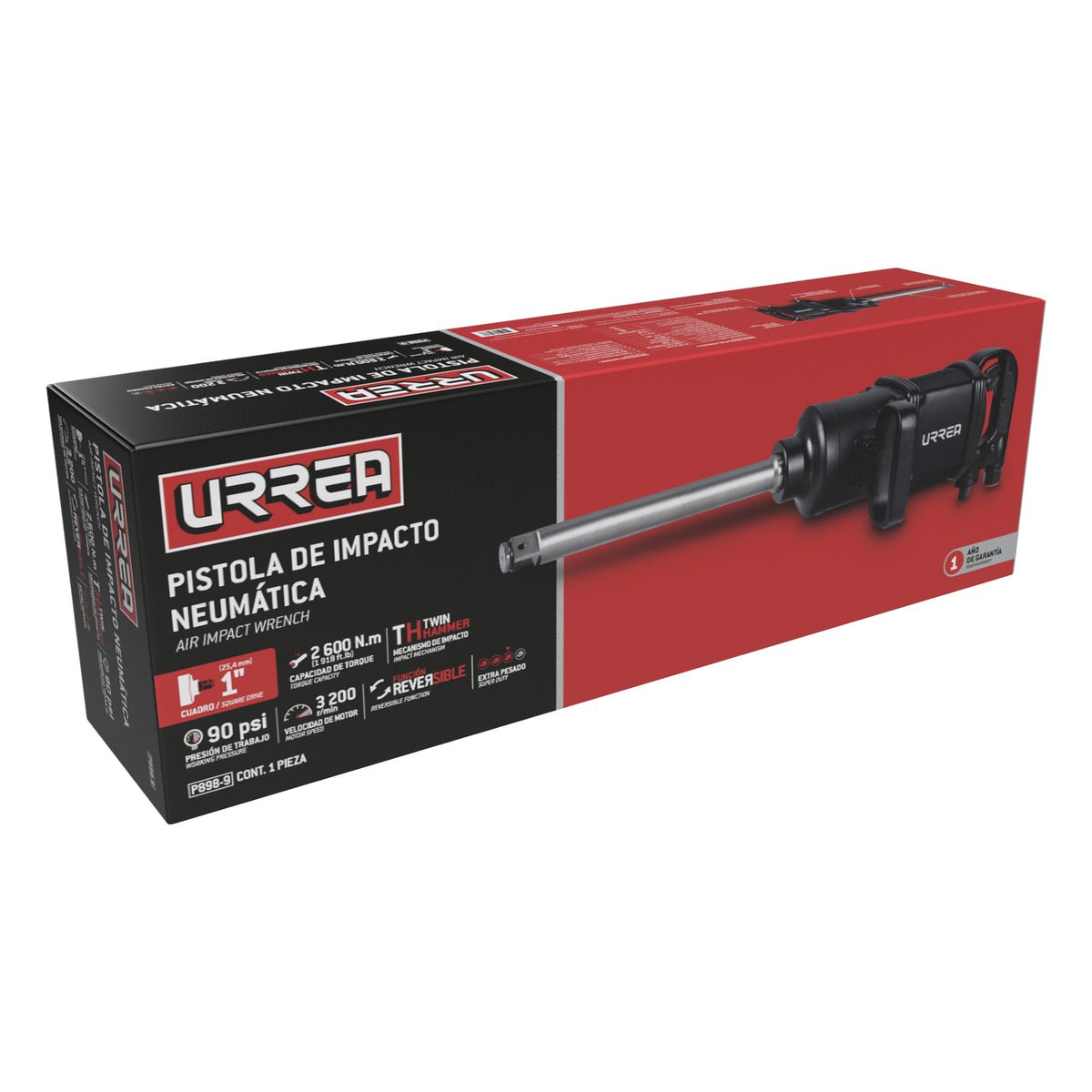 PISTOLA DE IMPACTO NEUMÁTICA CUADRO DE 1" 1,660 FT - LB CON EXTENSIÓN 9" SISTEMA TWIN HAMMER URREA P898 - 9 - URREA SHOP