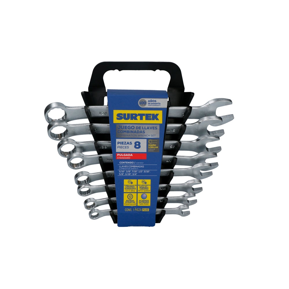 JUEGO DE 8 LLAVES COMBINADAS PULIDO ESPEJO MÉTRICAS, 12 PUNTAS EN RACK SURTEK