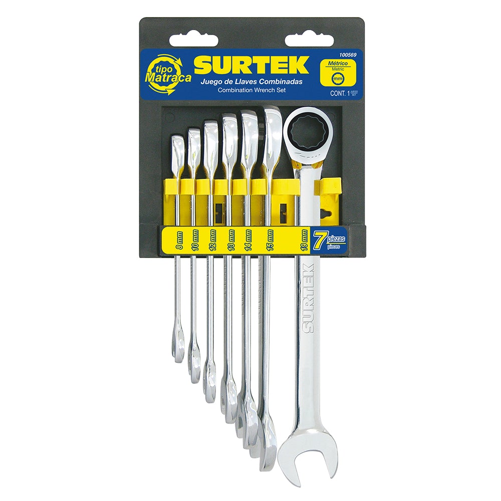 JUEGO DE 7 LLAVES COMBINADAS PULIDO ESPEJO DE MATRACA MÉTRICAS, 12 PUNTAS, EN RACK SURTEK