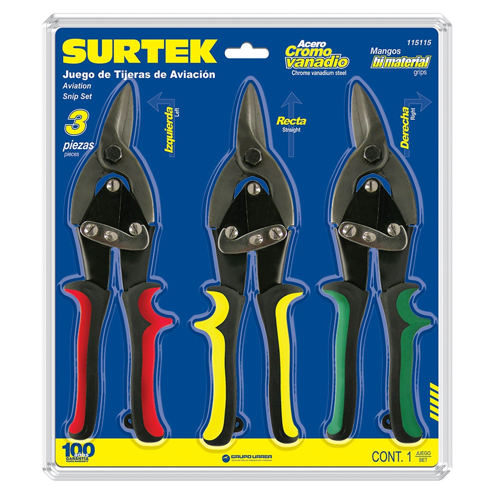 JUEGO DE 3 TIJERAS PARA HOJALATERO TIPO AVIACIÓN SURTEK