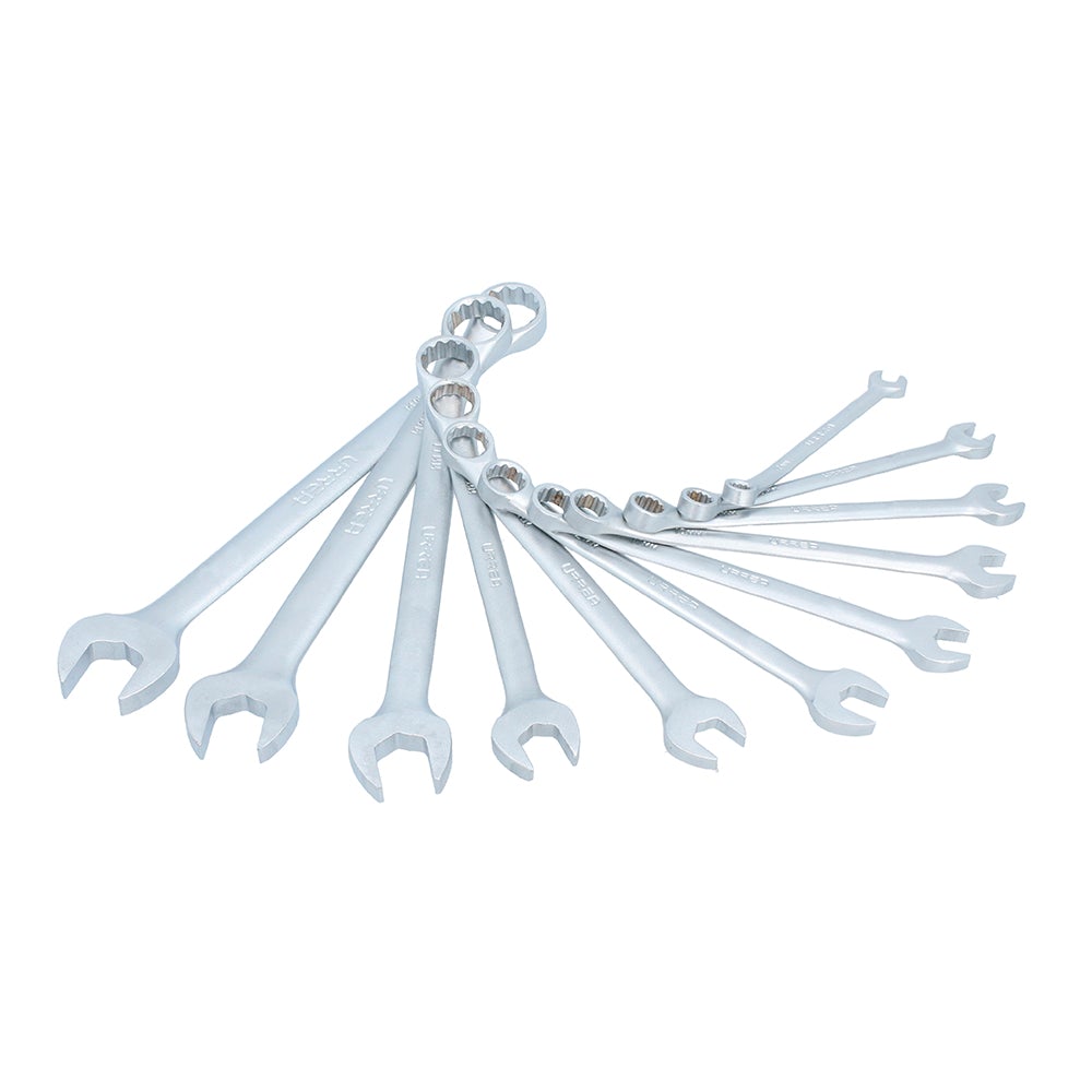 JUEGO DE 11 LLAVES COMBINADAS SATINADAS EN PULGADAS, 12 PUNTAS EN RACK URREA