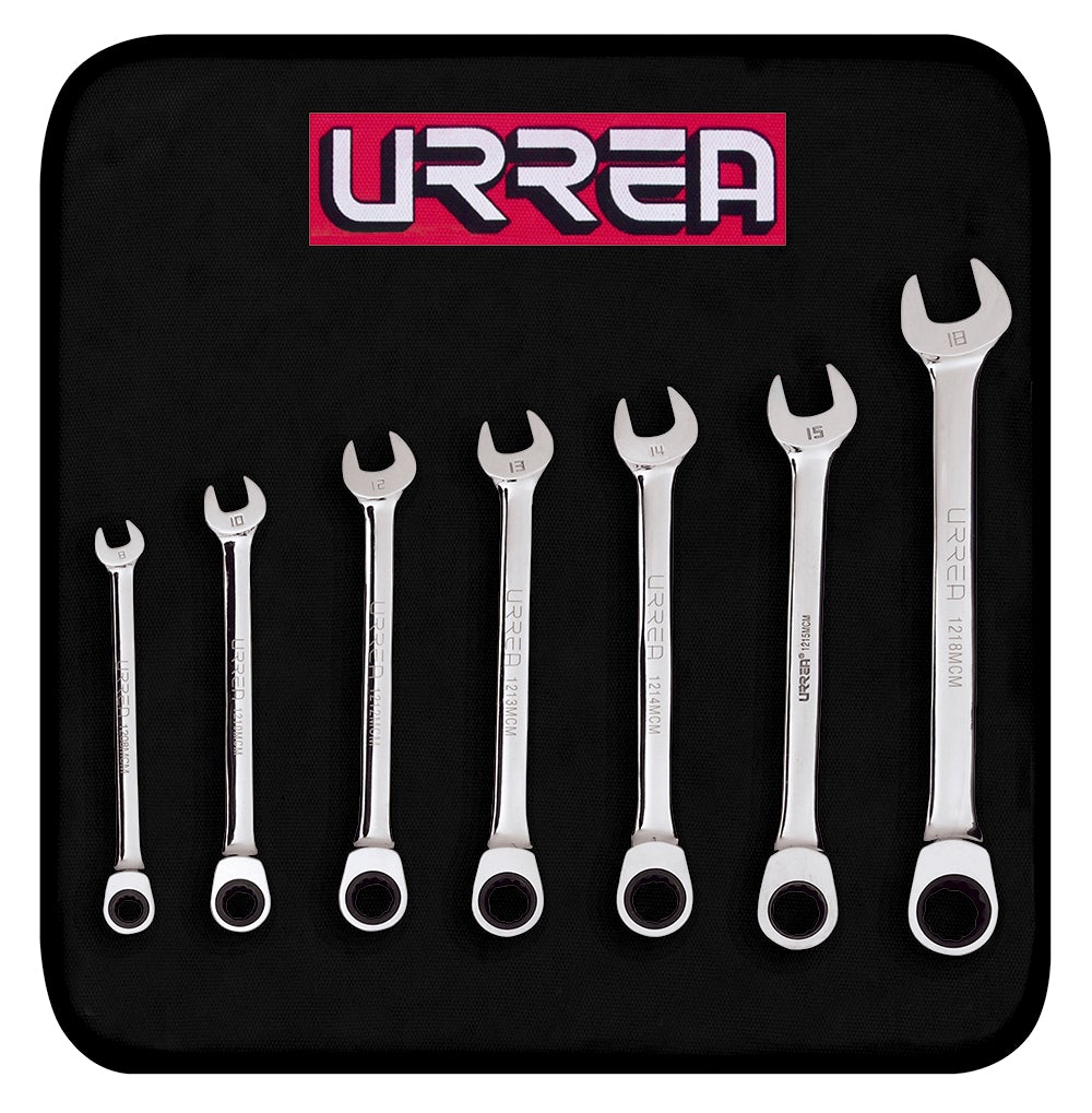 JUEGO DE 7 LLAVES COMBINADAS PULIDO ESPEJO DE MATRACA MÉTRICAS, 12 PUNTAS URREA