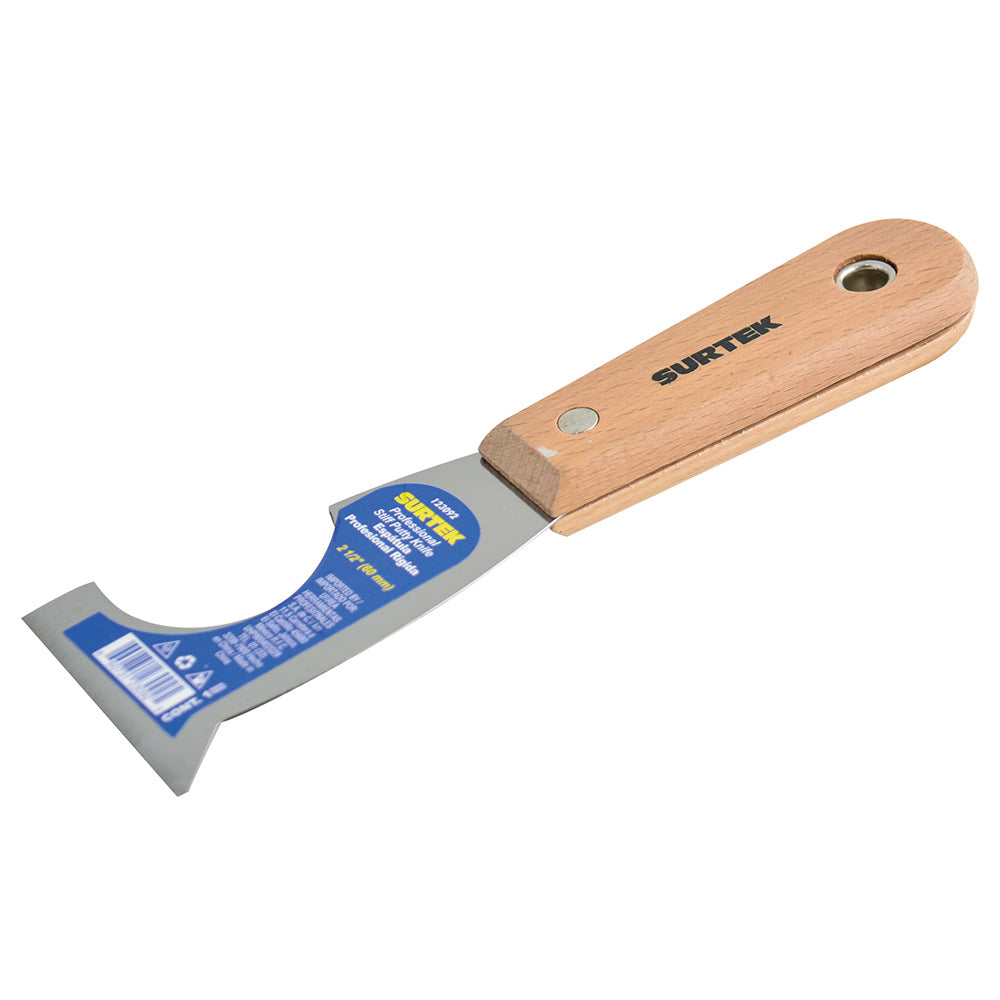ESPÁTULA RÍGIDA DE ACERO AL ALTA CARBÓN CON RASPADOR 5 EN 1 CON MANGO DE MADERA 2-1/2" SURTEK