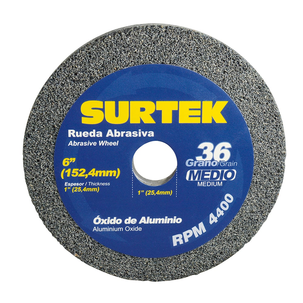 RUEDA ABRASIVA DE ÓXIDO DE ALUMINIO GRANO 36, 6" X 1" SURTEK