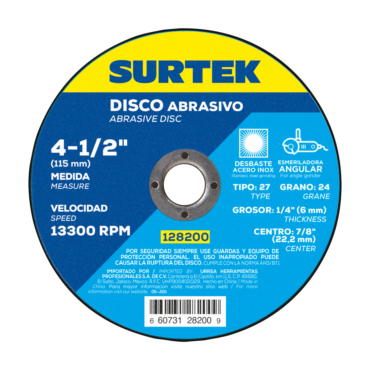 DISCO ABRASIVO TIPO 27 PARA ACERO INOXIDABLE 4-1/2" X 1/4" SURTEK