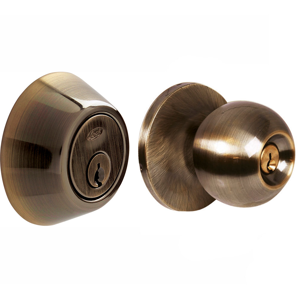 COMBO DE POMO BOLA FUNCIÓN DOBLE, LATÓN ANTIGUO, LLAVE ESTÁNDAR, BLÍSTER LOCK