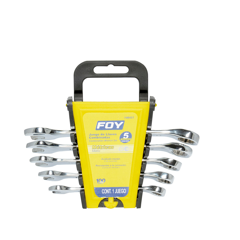 JUEGO DE 5 LLAVES COMBINADAS PULIDO ESPEJO MÉTRICAS, 12 PUNTAS EN RACK FOY