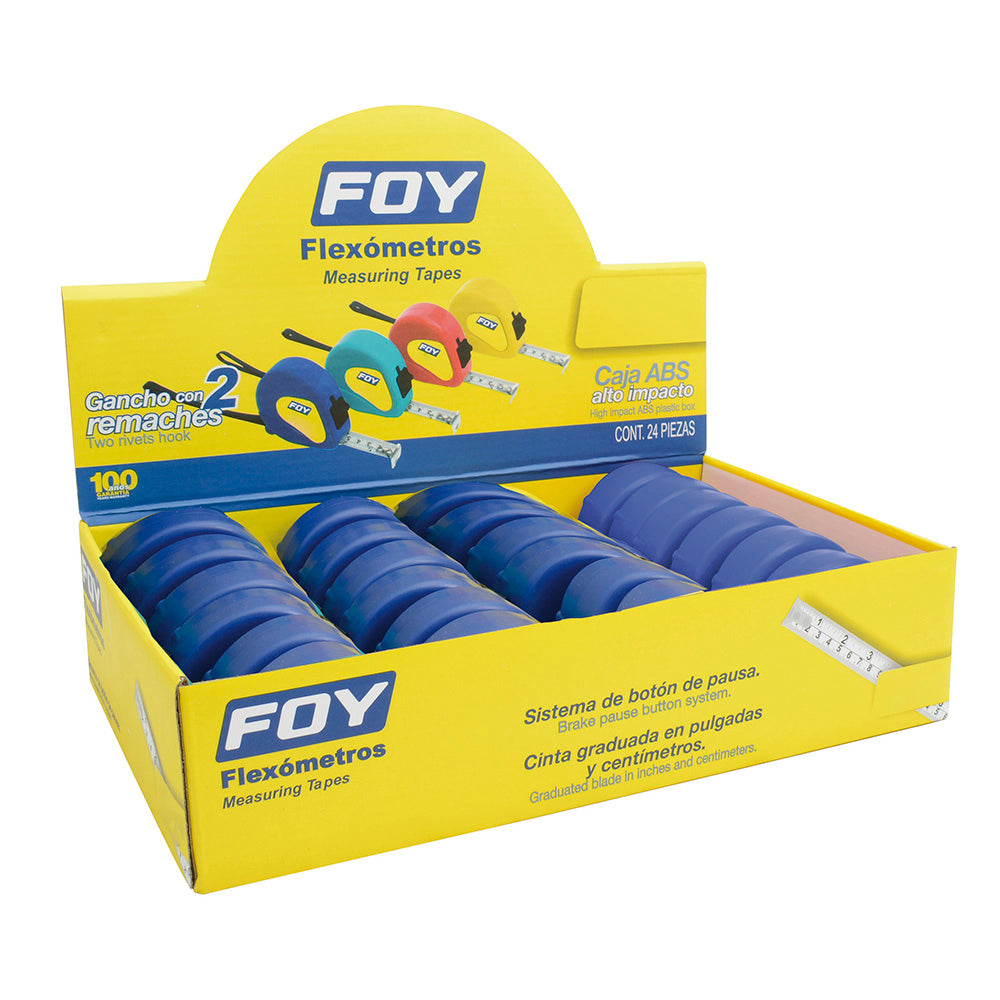 FLEXÓMETROS CON CARCASA DE PLÁSTICO 5 M X 3/4", AZULES EN DISPLAY CON 12 PIEZAS FOY