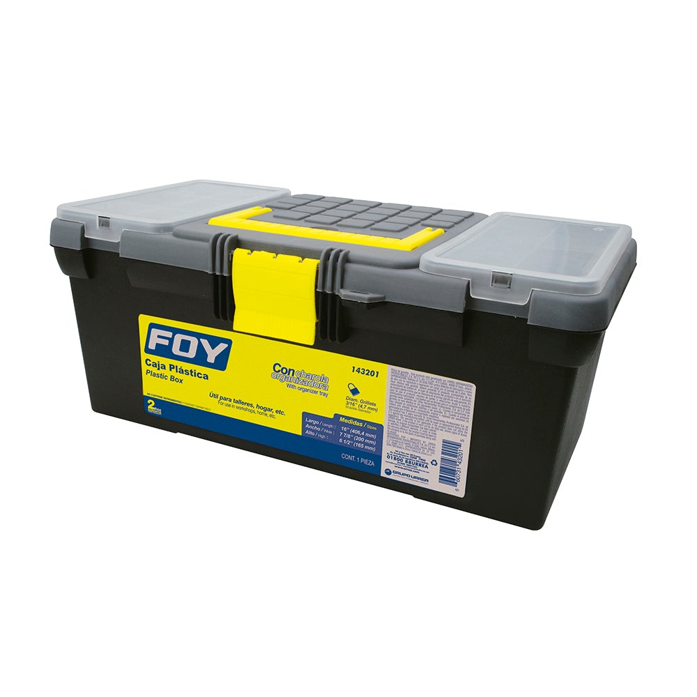 CAJA PORTAHERRAMIENTAS PLÁSTICA CON BROCHES PLÁSTICOS Y ORGANIZADOR 16" X 7" X 5" FOY