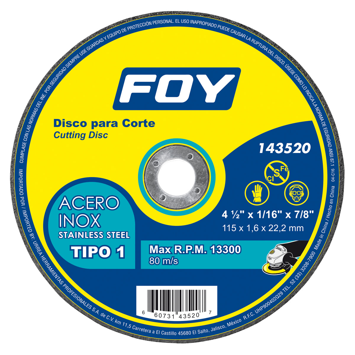 DISCO ABRASIVO TIPO 1 PARA ACERO INOXIDABLE 7" X 2 MM FOY