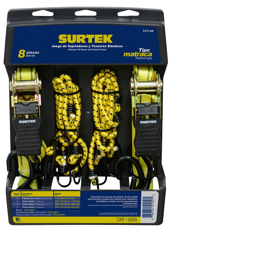 JUEGO DE SUJETADORES TIPO MATRACA Y TENSORES, 8 PIEZAS SURTEK