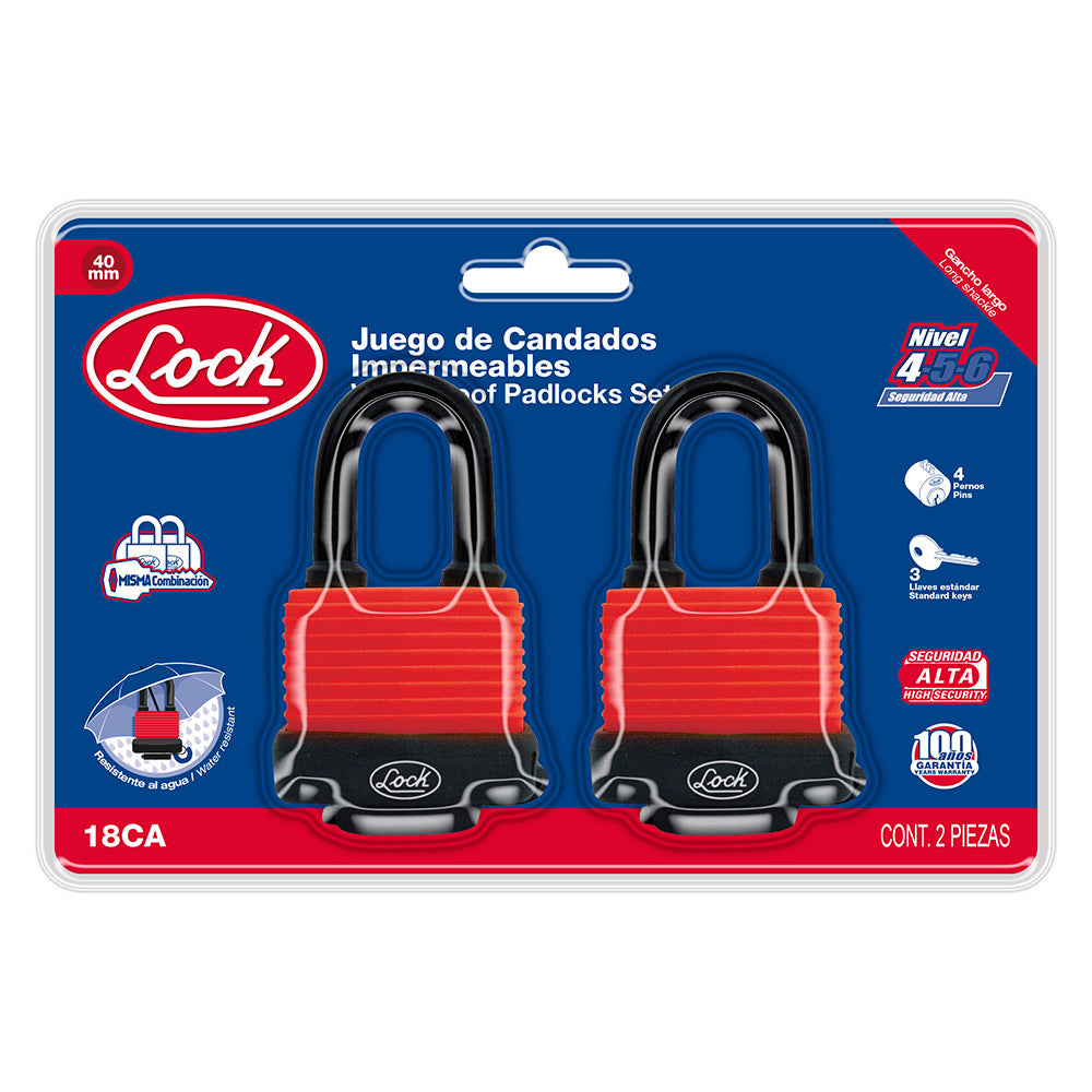 JUEGO DE 2 CANDADOS IMPERMEABLES LARGOS 40 MM, LLAVE ESTÁNDAR LOCK