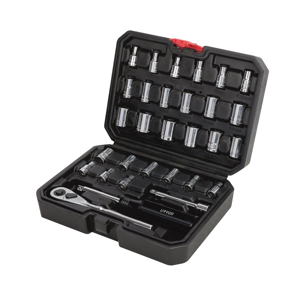 JUEGO DE DADOS Y ACCESORIOS CUADRO DE 1/4" COMBINADO, 30 PIEZAS URREA